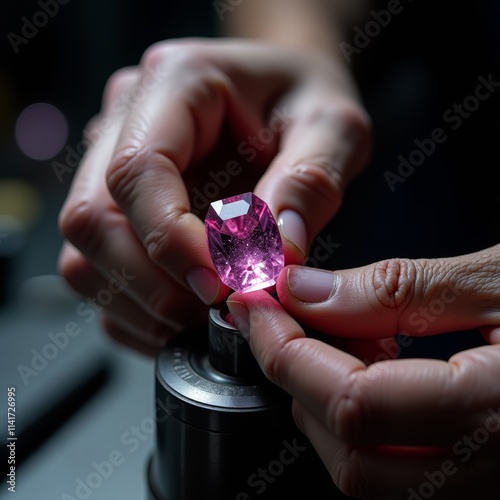 Obraz na płótnie Gemstone Inspection. Close-up of hands examining a pink gemstone with a tool, likely during quality control or appraisal. w salonie