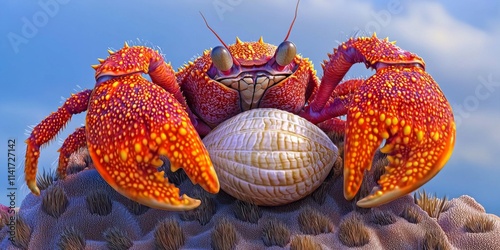 Colorful Hermit Crab with Shell on Coral Reef Under Clear Blue Ocean Water photo