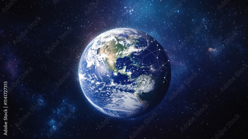 Global network connections illustrated on Earth in space. Global network connections illustrated on Earth in space.
