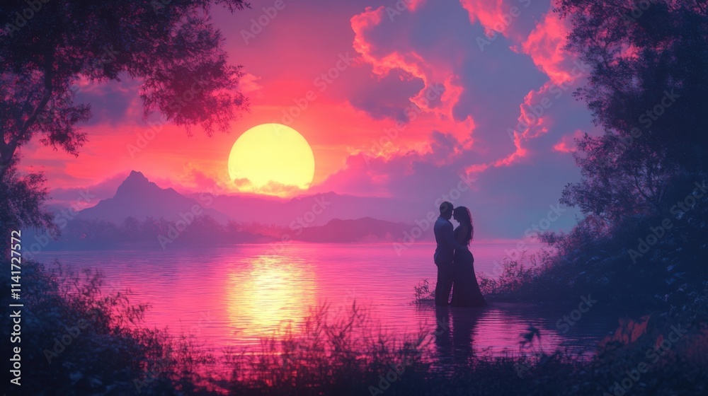 Obraz premium Silhouetted couple embracing at sunset, fiery sky reflecting on tranquil lake. Mountains in the distance. Pure romance!
