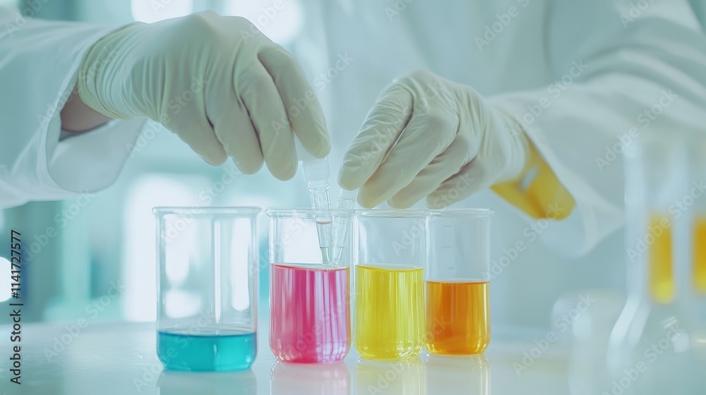 Colorful liquid in beakers, lab experiment, scientist gloves, chemistry setup