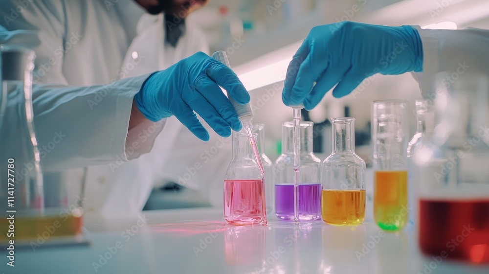 Scientist hands, colorful liquids, lab experiment, blue gloves, test tubes Scientist hands, colorful liquids, lab experiment, blue gloves, test tubes