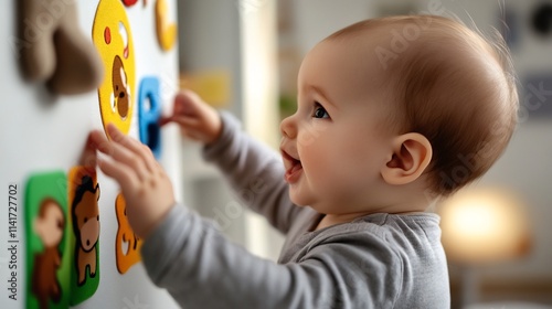 Baby playing with colorful educational magnetic shapes on a white board. photo