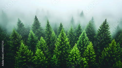 Misty evergreen forest aerial view.