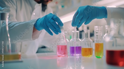 Scientist hands, colorful liquids, lab experiment, blue gloves, test tubes