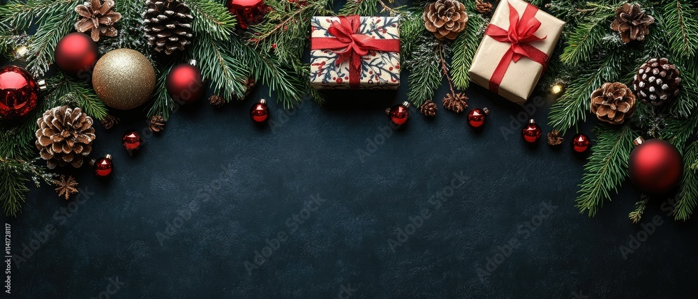 A festive arrangement of gifts, ornaments, and pinecones for holiday decoration.