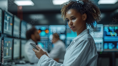 Multiethnic Female Government Employee Using Tablet in System Control Center, Monitoring Technical Data with Coworkers in High-Tech Workplace photo