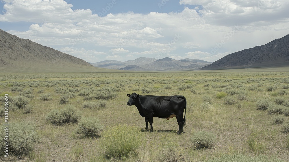 A solitary black cow stands in a vast, open landscape under a cloudy sky. A solitary black cow stands in a vast, open landscape under a cloudy sky.
