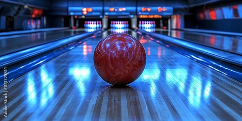 A vibrant red bowling ball rolls down a sleek lane in an illuminated bowling alley.