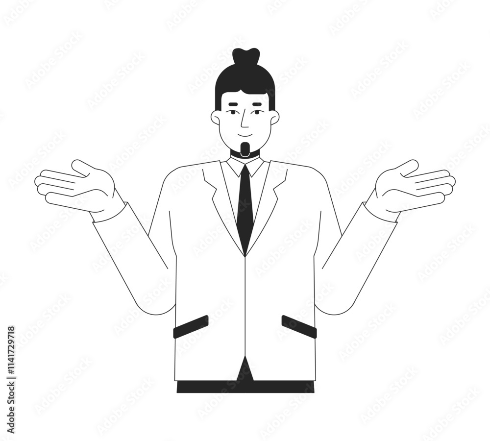 Business jacket suit caucasian man shrugging hands black and white 2D line character. Bearded businessman indifferent male corporate isolated vector outline person. Monochromatic spot illustration Business jacket suit caucasian man shrugging hands black and white 2D line character. Bearded businessman indifferent male corporate isolated vector outline person. Monochromatic spot illustration