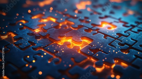 An array of metallic puzzle pieces interconnects, illuminated by a warm, orange glow. The shimmering light creates a captivating contrast against a deep blue background, suggesting a hidden depth