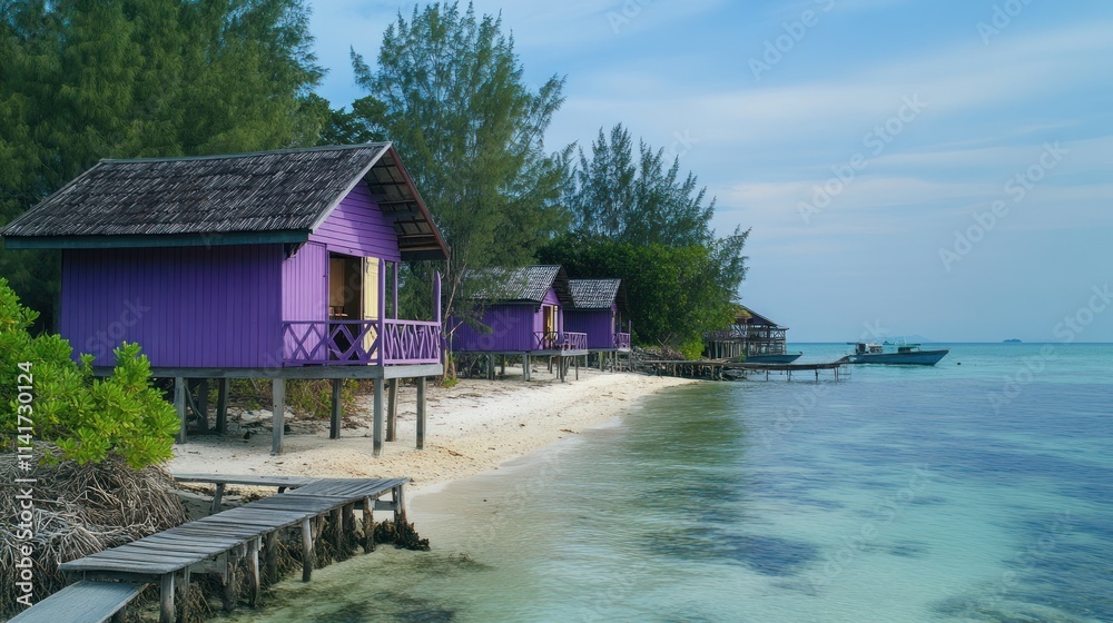Purple beach bungalows on stilts near turquoise water.