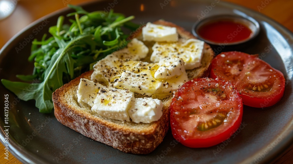 Fresh Ingredients on Toasted Bread with Feta Cheese, Juicy Tomato Slices, and a Side of Green Salad drizzled with Olive Oil and Balsamic Vinegar Fresh Ingredients on Toasted Bread with Feta Cheese, Juicy Tomato Slices, and a Side of Green Salad drizzled with Olive Oil and Balsamic Vinegar