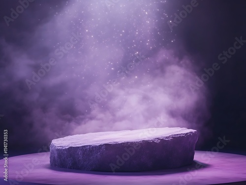 Illuminated stone platform with purple smoke and sparkles.