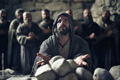 Jesus offers healing and hope to the paralytic amid a gathering of ancient onlookers in a rustic setting
