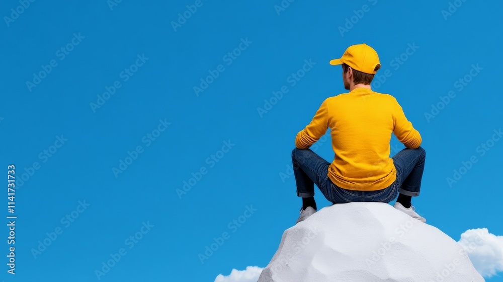 Contemplation Above the Clouds: A young man, dressed in a yellow long-sleeved shirt and cap, sits on a rock amidst the clouds, his back to the camera, gazing out at a vast, clear blue sky. Contemplation Above the Clouds: A young man, dressed in a yellow long-sleeved shirt and cap, sits on a rock amidst the clouds, his back to the camera, gazing out at a vast, clear blue sky.