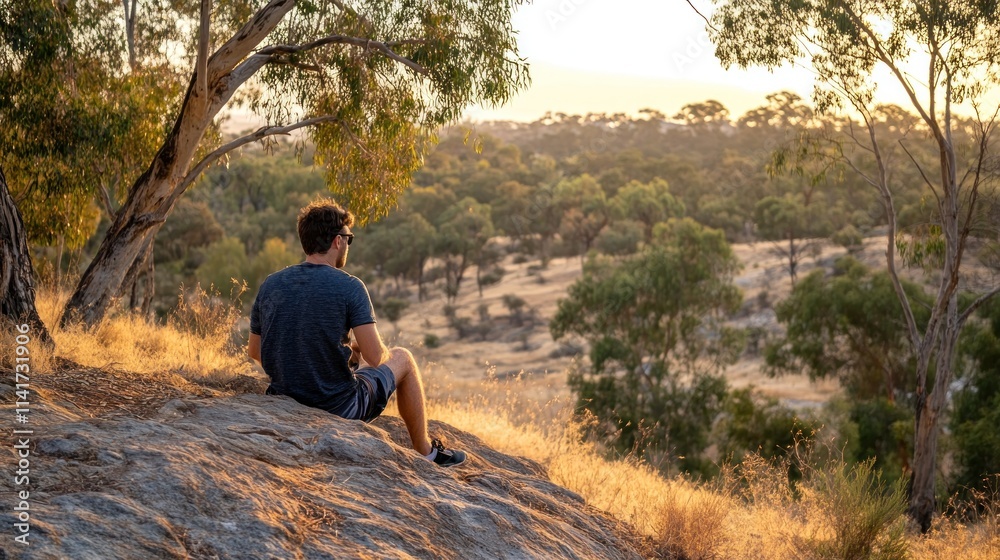 Man sits atop a rocky outcrop, gazing at a golden sunset landscape. Man sits atop a rocky outcrop, gazing at a golden sunset landscape.