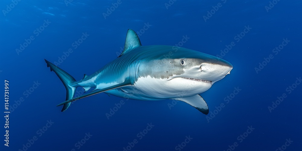 Naklejka premium Majestic Shark Swimming Gracefully in Clear Blue Ocean Depths Captured Underwater