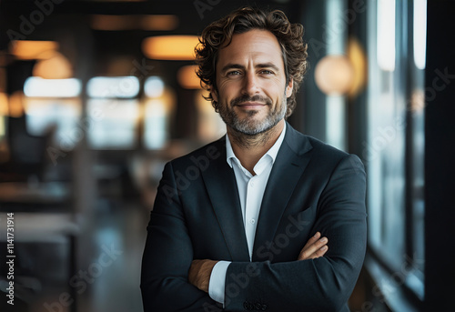 portrait of man manager standing arms crossed, smiling, stands in a modern buidilng.