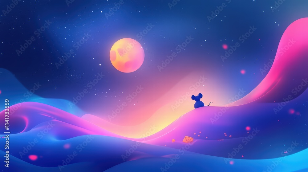 Fototapeta premium Dreamy Landscape with Mouse Silhouette and Colorful Moon Background