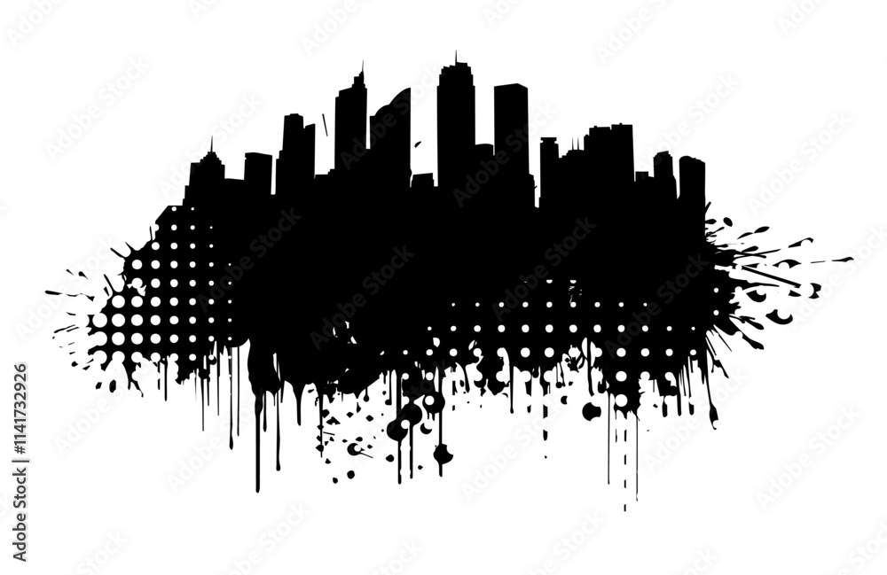 Black and white graphic drawing city and blots. hand drawing. Not AI. Vector illustration. Black and white graphic drawing city and blots. hand drawing. Not AI. Vector illustration.