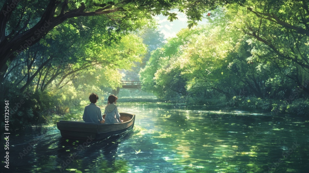 Couple enjoys a peaceful boat ride on a serene river, surrounded by lush green trees and foliage, sunlight filtering through the canopy. Couple enjoys a peaceful boat ride on a serene river, surrounded by lush green trees and foliage, sunlight filtering through the canopy.