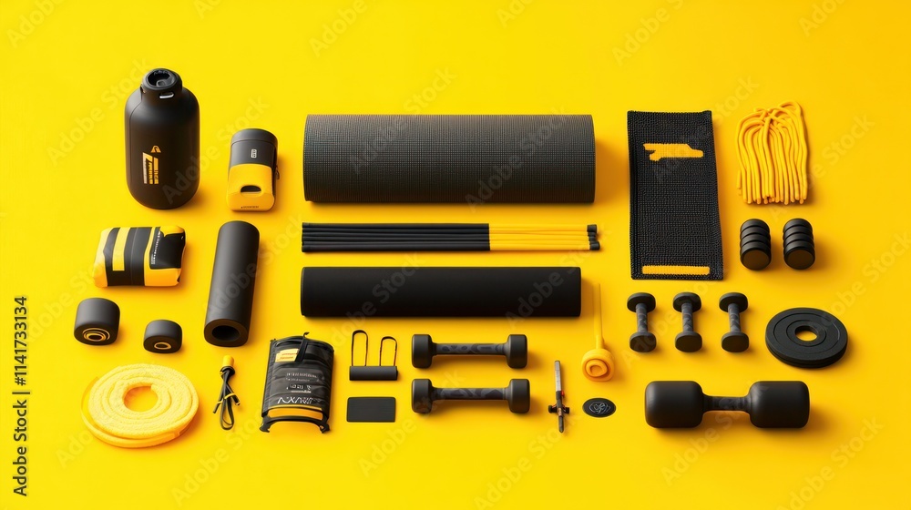 Flat lay of black and yellow fitness equipment on yellow background. Flat lay of black and yellow fitness equipment on yellow background.