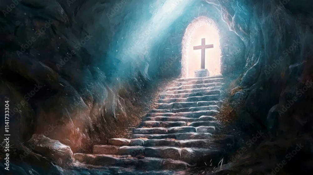 Resurrection illuminated by dawn light in a beautifully crafted tomb illustration Resurrection illuminated by dawn light in a beautifully crafted tomb illustration