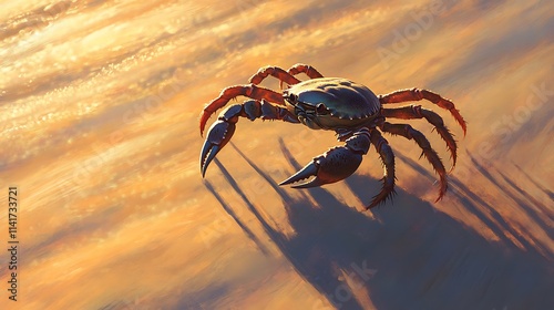 A crab on a sandy beach at sunset, casting a long shadow. photo