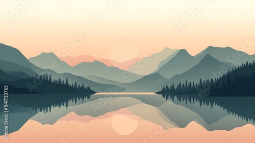 Serene mountains softly reflect at sunrise minimalist digital painting.. AI Generated