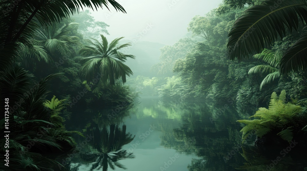 Misty jungle river reflecting lush vegetation. Misty jungle river reflecting lush vegetation.