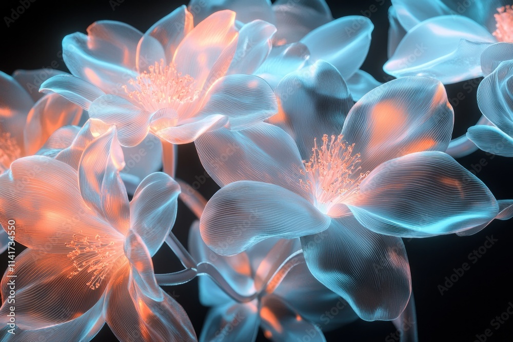 Obraz premium Translucent, glowing flowers in shades of light blue and pink on a black background. 