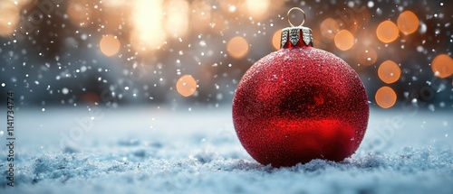 A festive red ornament resting on snow, with a blurred background of warm lights.