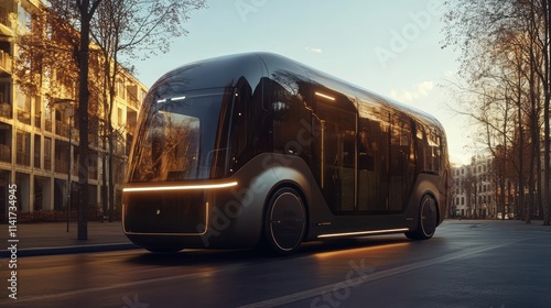 A sleek electric bus travels serenely down a tree-lined street in a contemporary city, illuminated by the warm glow of the setting sun, showcasing urban mobility innovation