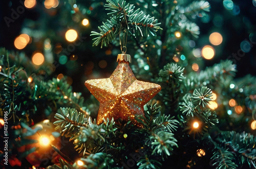 Golden Glitter Star Ornament on Christmas Tree