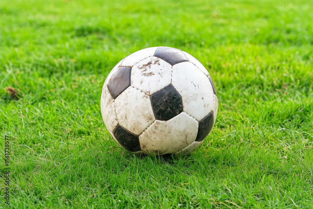 Fototapeta premium Worn black and white soccer ball resting on a vibrant green grass field
