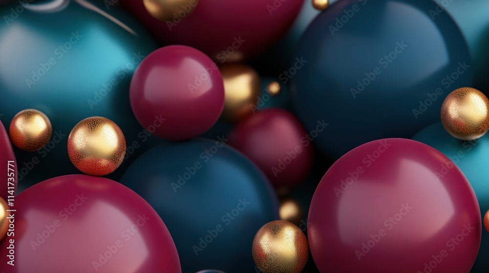 Abstract geometric spheres in deep teal, maroon, and gold. Abstract geometric spheres in deep teal, maroon, and gold.
