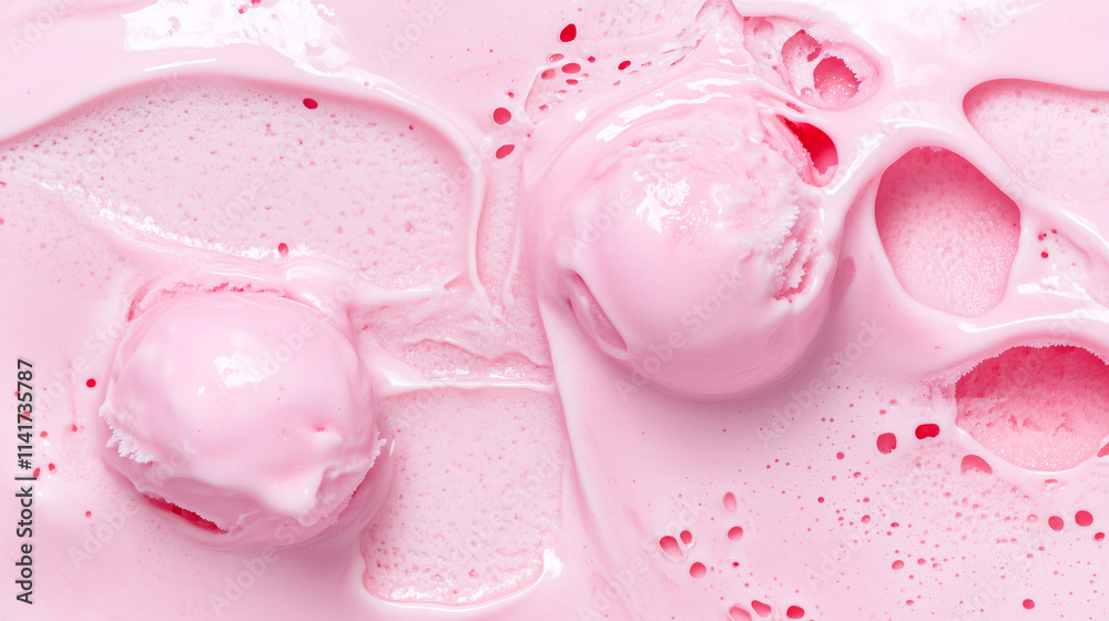 Close-up of two melting pink strawberry ice cream scoops with creamy textures and bubbles Close-up of two melting pink strawberry ice cream scoops with creamy textures and bubbles