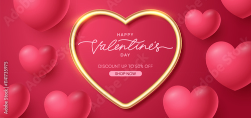 Happy Valentine's Day Sale Background Design. Holiday shopping sale banner with realistic hearts on red background. Valentine's Day greeting card, cover and banner vector illustration. photo