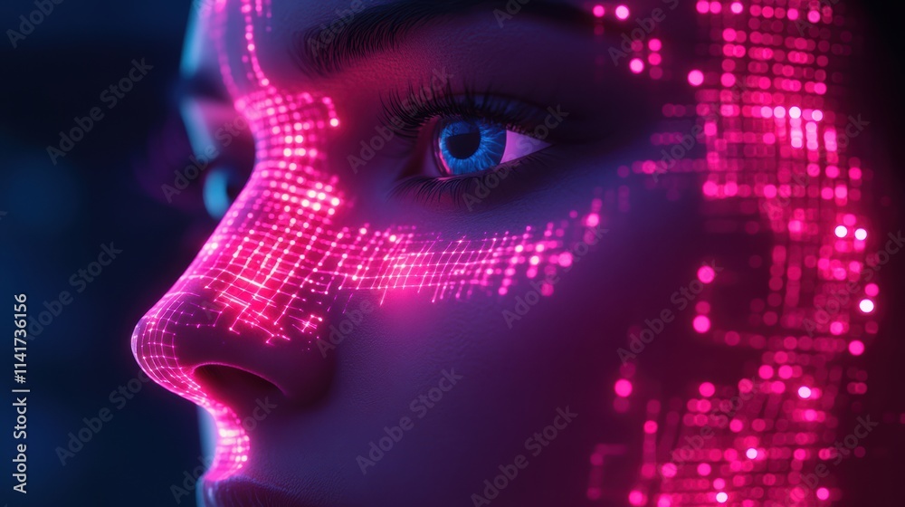 In a striking display of artistry, a woman's face is illuminated by glowing neon patterns that highlight her features In a striking display of artistry, a woman's face is illuminated by glowing neon patterns that highlight her features