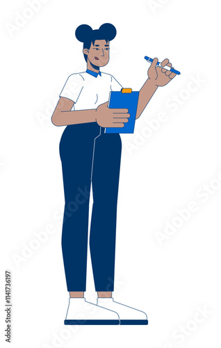 Business casual black woman holding clipboard pen 2D cartoon character. African american corporate female writing notes isolated person flat vector on white background. Spot illustration colorful