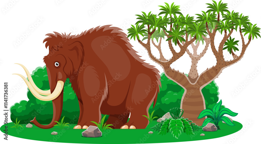 Obraz premium Paleontology mammoth animal cute character. Extinct animal, Ice age herbivore mammal funny isolated personage or ancient fauna giant cartoon vector character. Mammoth in forest comical mascot