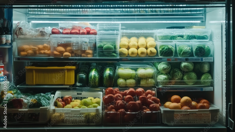 Refrigerated produce display with various fruits and vegetables. Refrigerated produce display with various fruits and vegetables.