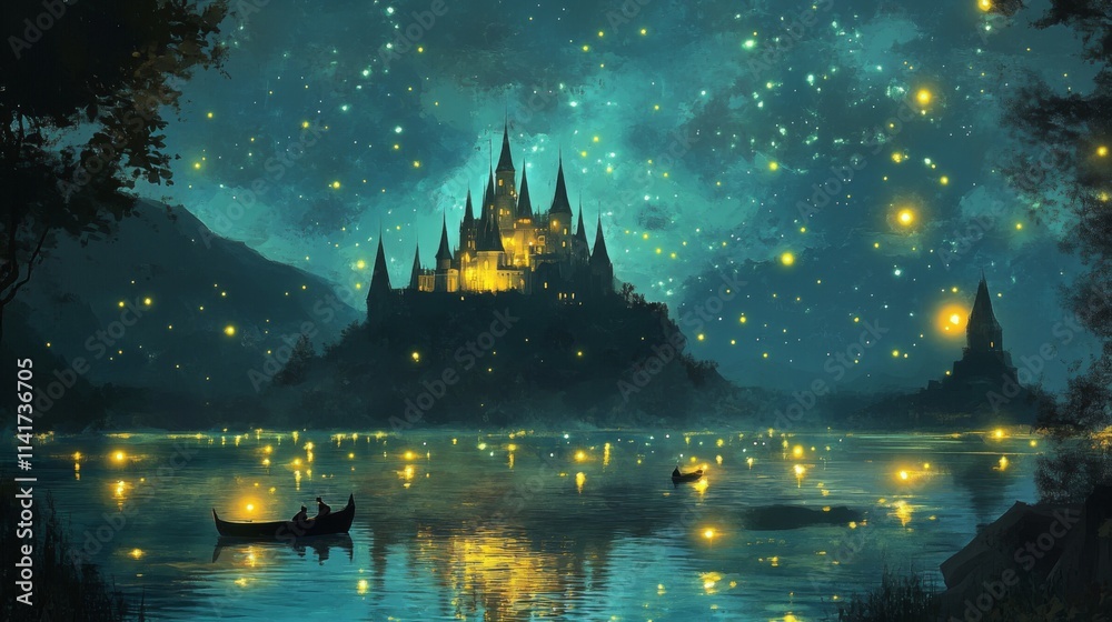 Fototapeta premium Enchanting castle on a lake at night, illuminated by floating lights and stars.
