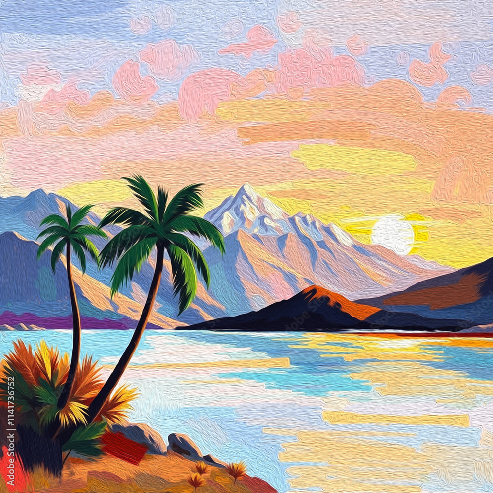 Obraz premium Palm tree. Oil painting. Pattern for printing on wall decorations, covers, leaflets, business cards