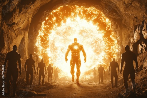 A surreal scene depicting dark figures emerging from a fiery portal, embodying a dramatic clash of light and shadow. photo