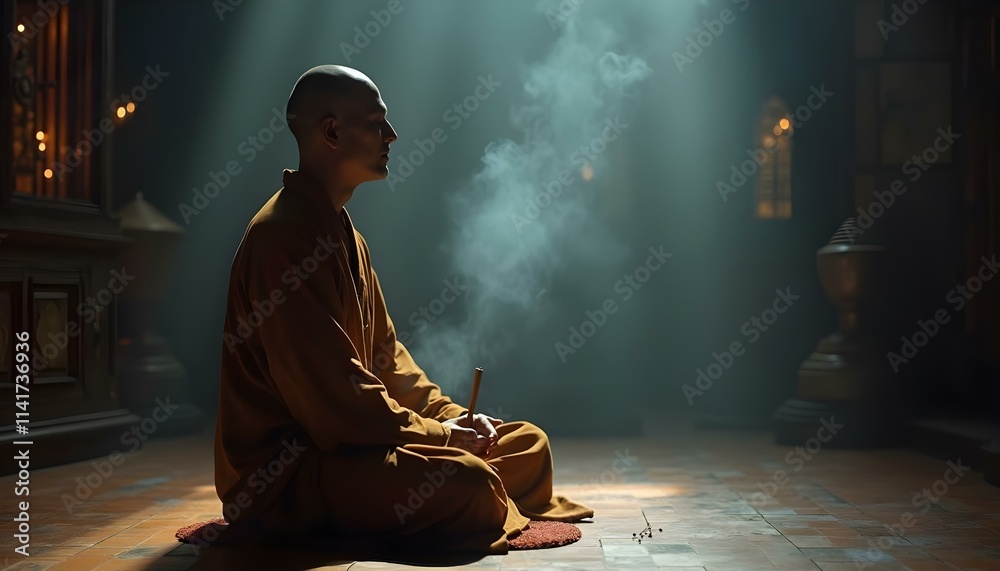 A monk in a simple robe sits cross-legged in a dimly lit temple, meditating with closed eyes. Incense smoke drifts in the air, creating a peaceful, spiritual atmosphere with a warm golden-orange glow A monk in a simple robe sits cross-legged in a dimly lit temple, meditating with closed eyes. Incense smoke drifts in the air, creating a peaceful, spiritual atmosphere with a warm golden-orange glow