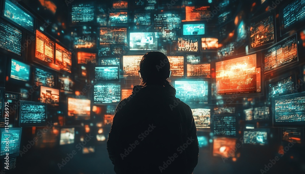 Human figure facing a barrage of glowing screens, symbolizing media overload, overwhelming news flow, bright flashing headlines, dark silhouette, futuristic digital chaos Human figure facing a barrage of glowing screens, symbolizing media overload, overwhelming news flow, bright flashing headlines, dark silhouette, futuristic digital chaos