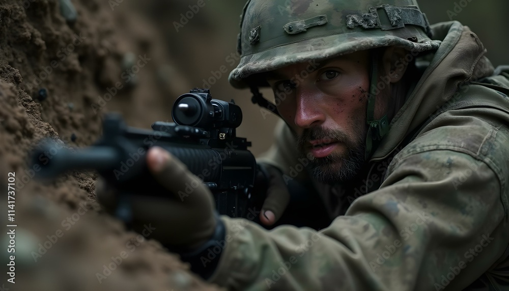 Fototapeta premium A dramatic close-up of a soldier's gloved hand gripping a rifle while crouching in a trench. Full military gear, dirt, and sweat on their face, showing the gritty, intense realities of war.
