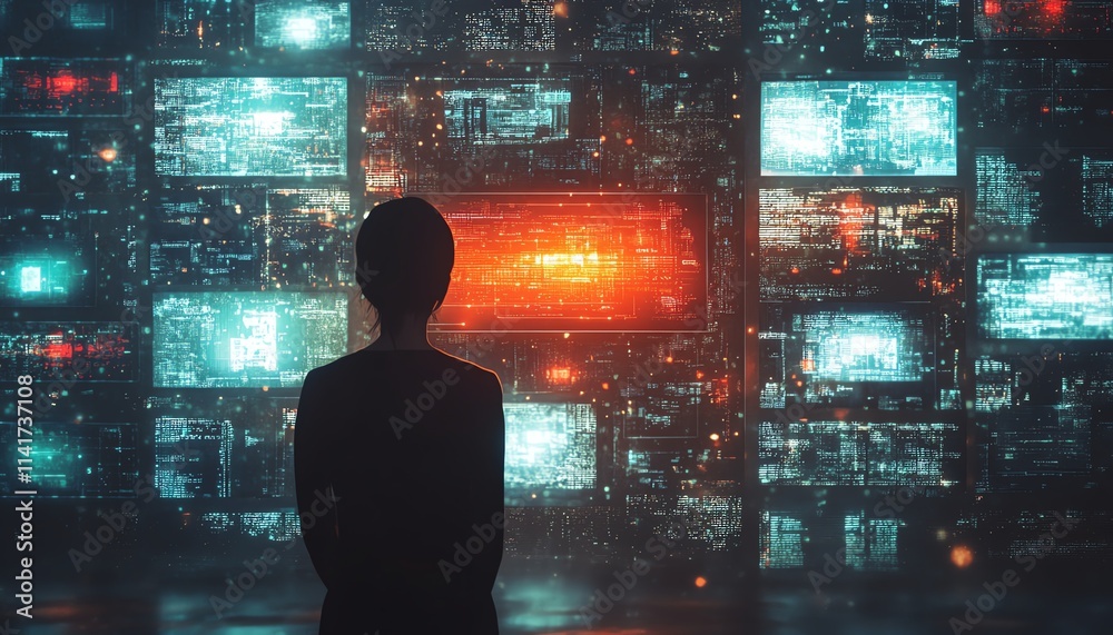 Human figure facing a barrage of glowing screens, symbolizing media overload, overwhelming news flow, bright flashing headlines, dark silhouette, futuristic digital chaos Human figure facing a barrage of glowing screens, symbolizing media overload, overwhelming news flow, bright flashing headlines, dark silhouette, futuristic digital chaos